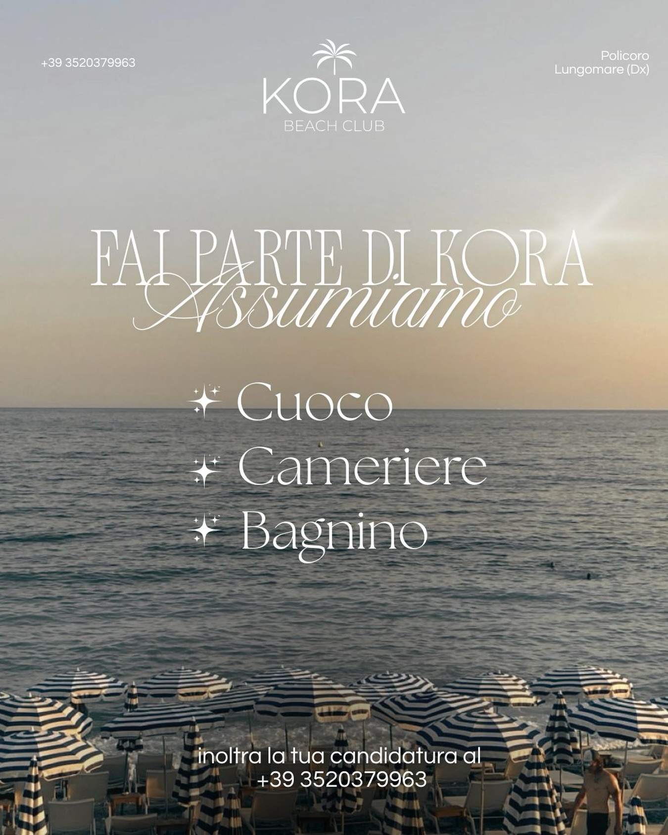 🌴 Unisciti al team di Kora Beach Club 🌊
Stiamo cercando persone dinamiche e appassionate per vivere un’estate indimenticabile sul mare.

✨ Posizioni aperte:
👨‍🍳 Cuoco
🍽 Cameriere
🏖 Bagnino

Se ami il contatto con le persone, il lavoro di squadra e l’atmosfera beach club… questo è il tuo posto.